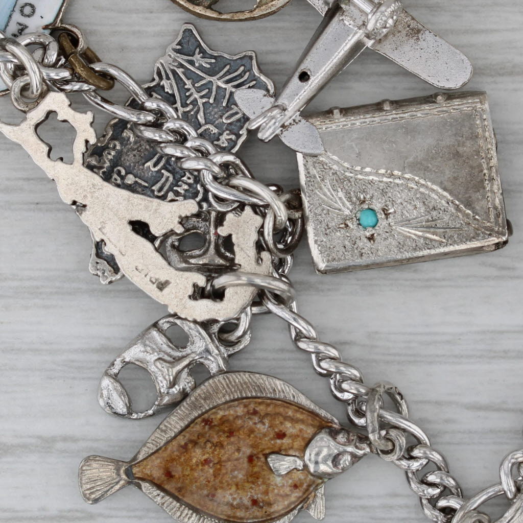 Dark Gray Vintage Mixed Themed Charm Bracelet Sterling Silver Moving Parts 7" Travel