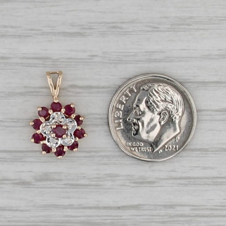 0.83ctw Ruby Diamond Cluster Flower Pendant 14k Yellow Gold Small Drop