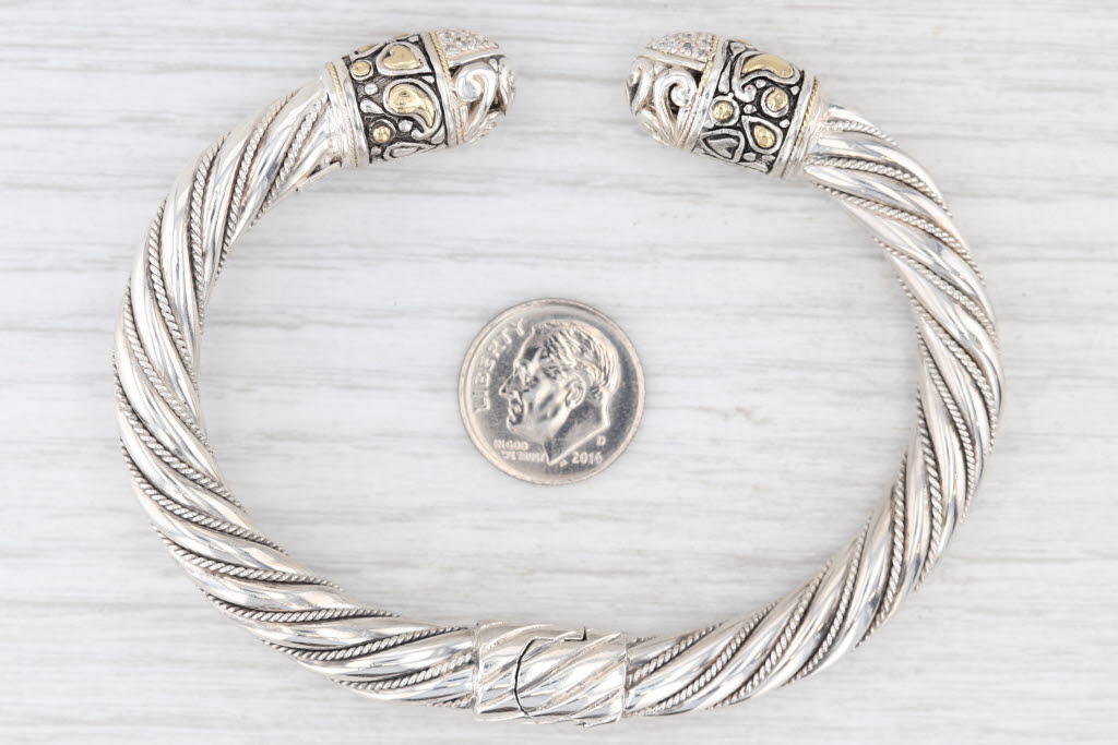 Light Gray Samuel Benham 0.19ct Diamond Cuff Bracelet Sterling Silver 18k Gold Hinged 7.25"