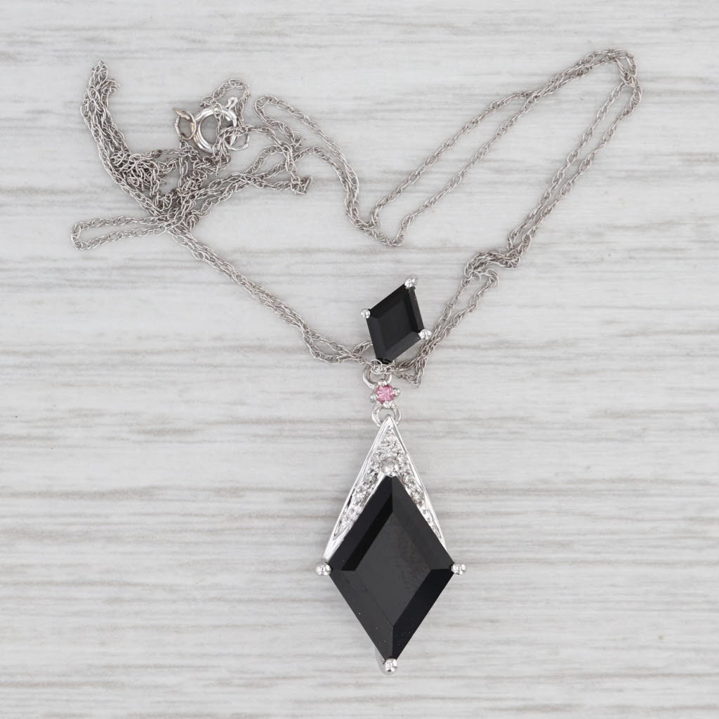 Light Gray Onyx Pink Tourmaline Diamond Pendant Necklace 14k White Gold 18.25" Rope Chain