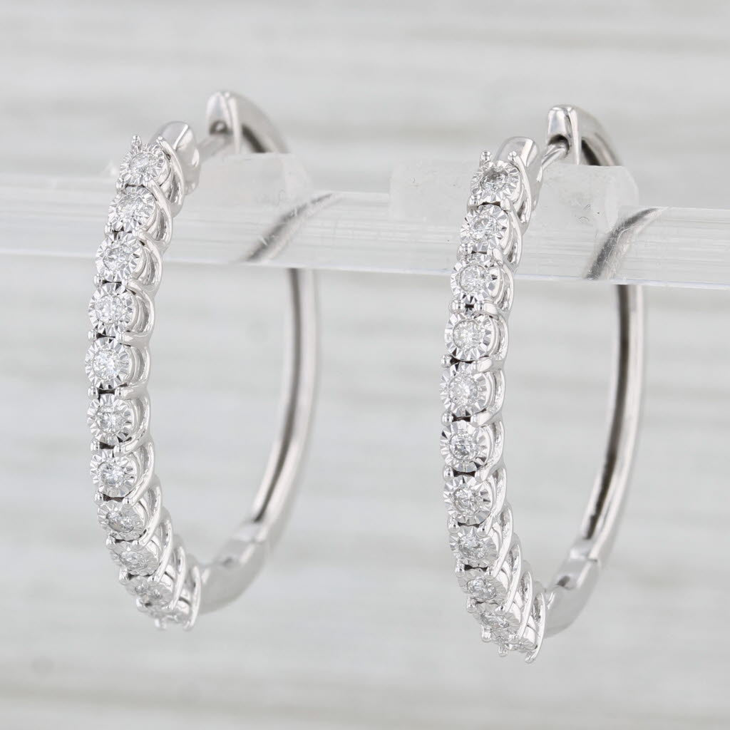 Light Gray 0.16ctw Diamond Hoop Earrings 10k White Gold Hinged Snap Top Round Hoops