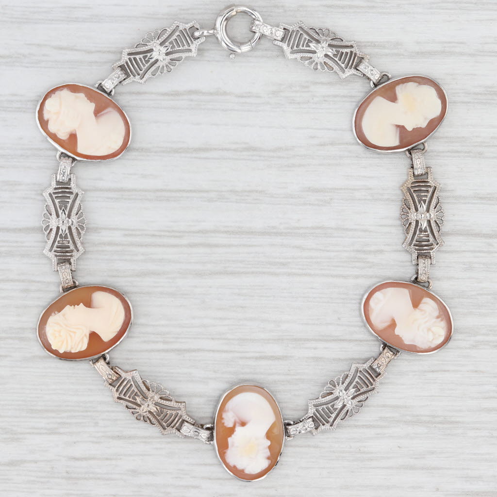Light Gray Carved Shell Oval Cameo Filigree Bracelet 6.75" 14k White Gold