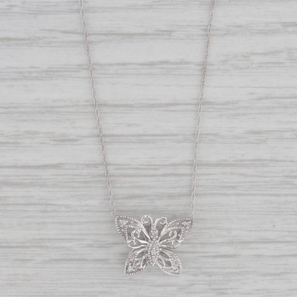 Gray Diamond Accented Butterfly Pendant Necklace 10k White Gold 18" Rope Chain