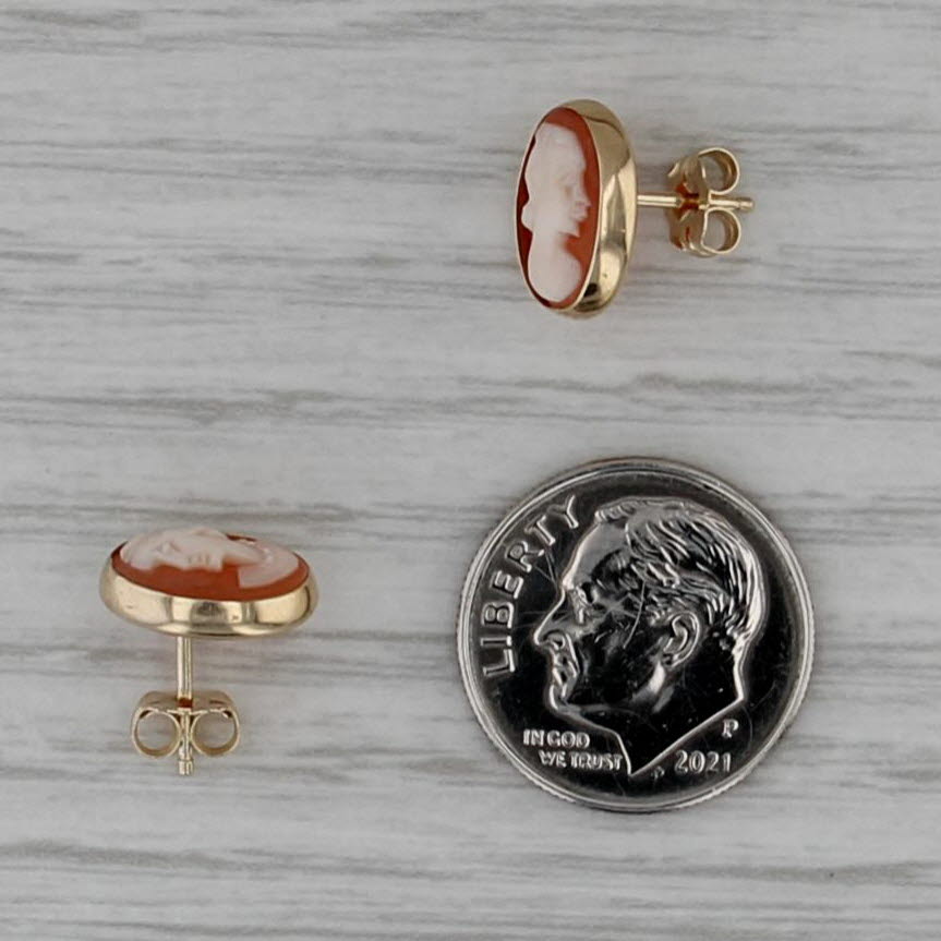 Carved Shell Cameo Stud Earrings 14k Yellow Gold Figural Studs