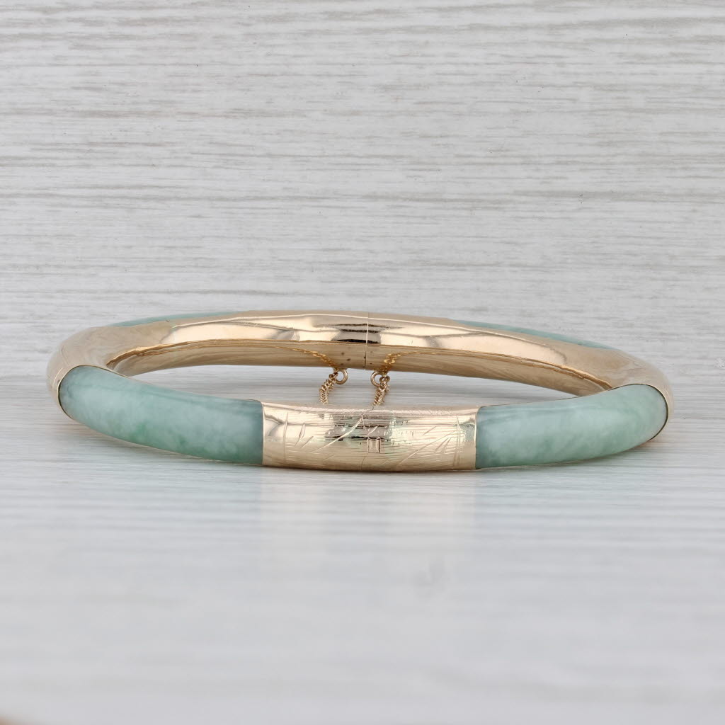 Gray Green Jadeite Jade Bangle Bracelet 10k Yellow Gold 7" 7mm