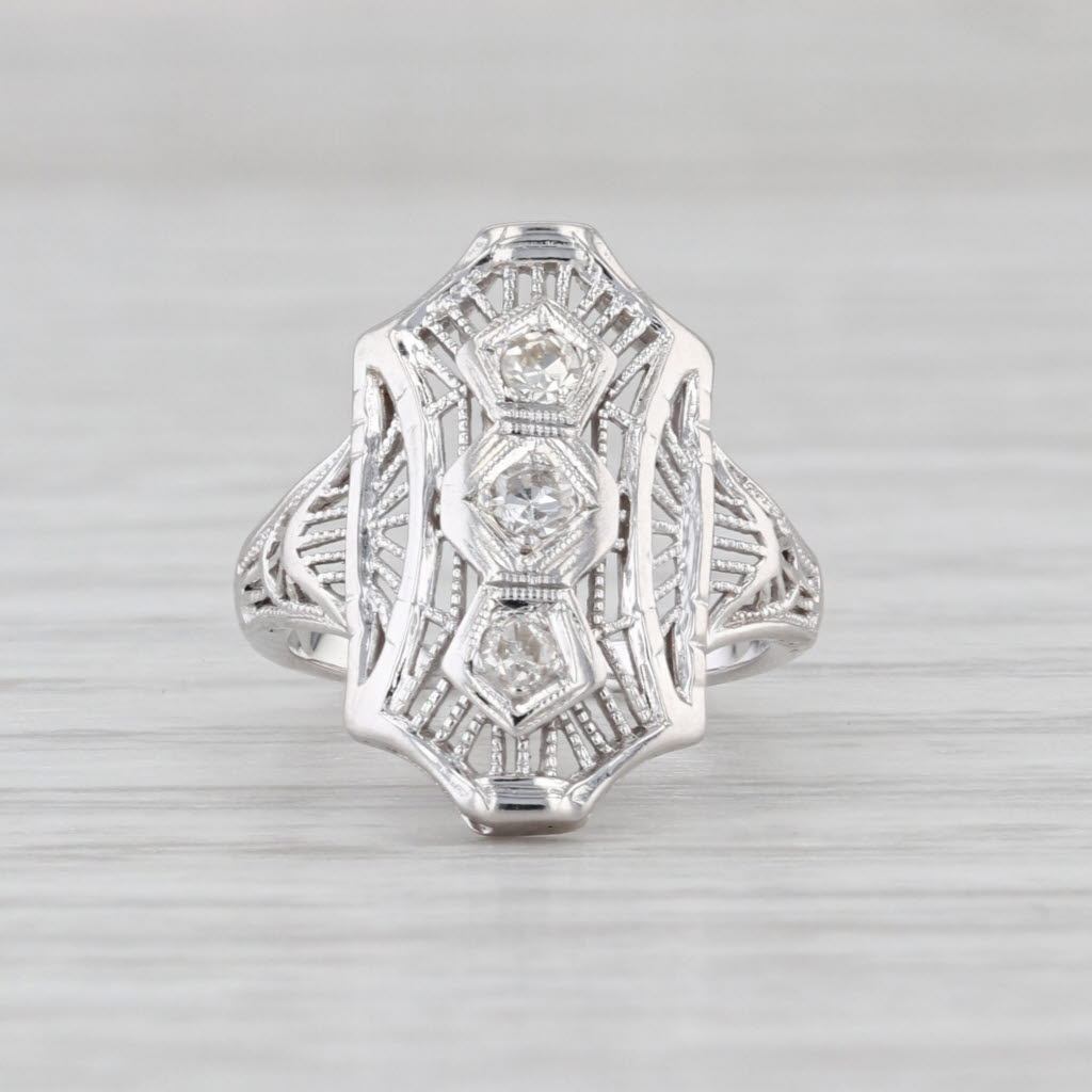 Vintage Diamond 3-Stone Filigree Ring 14k White Gold Small Size 1.25