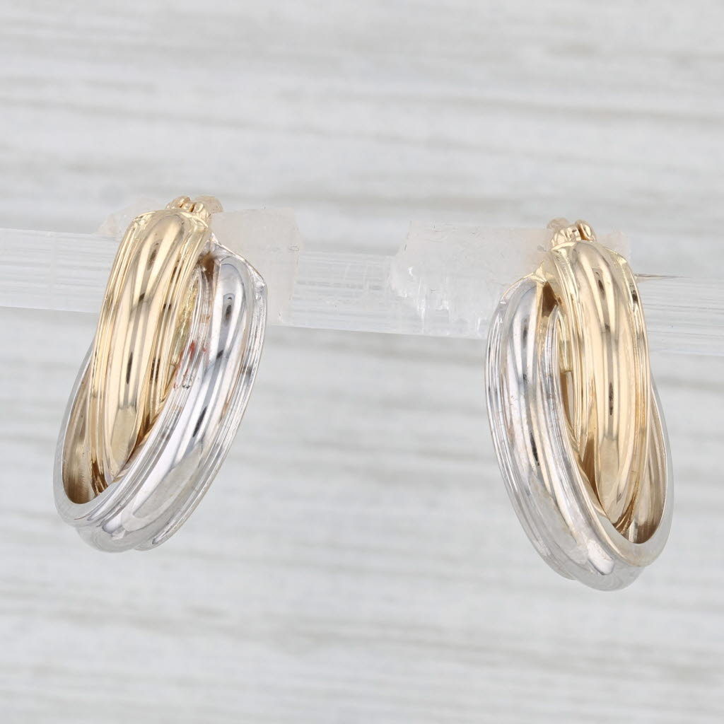 Light Gray 2-Toned Hoop Huggie Earrings 14k White Yellow Gold Snap Top Round Hoops