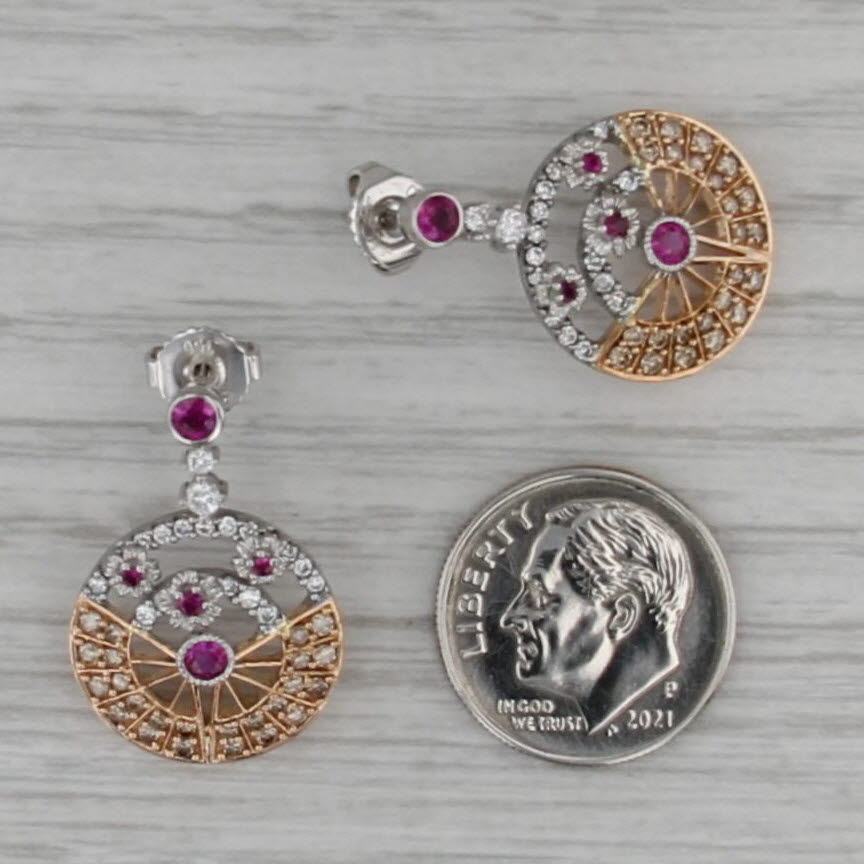 1.09ctw Diamond Ruby Circle Drop Earrings 18k Rose White Gold