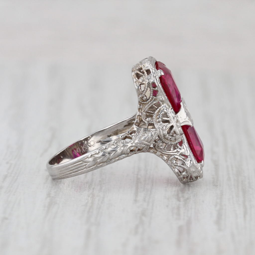 Art Deco Lab Created Ruby Filigree Ring 14k White Gold Size 5