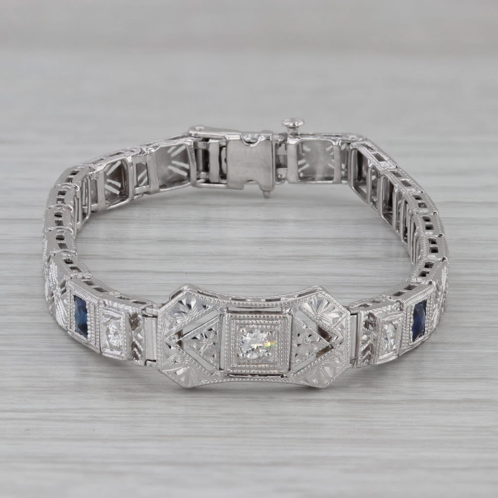 Dark Gray Art Deco 0.52ctw Diamond Lab Created Sapphire Bracelet 14k White Gold 5.75"