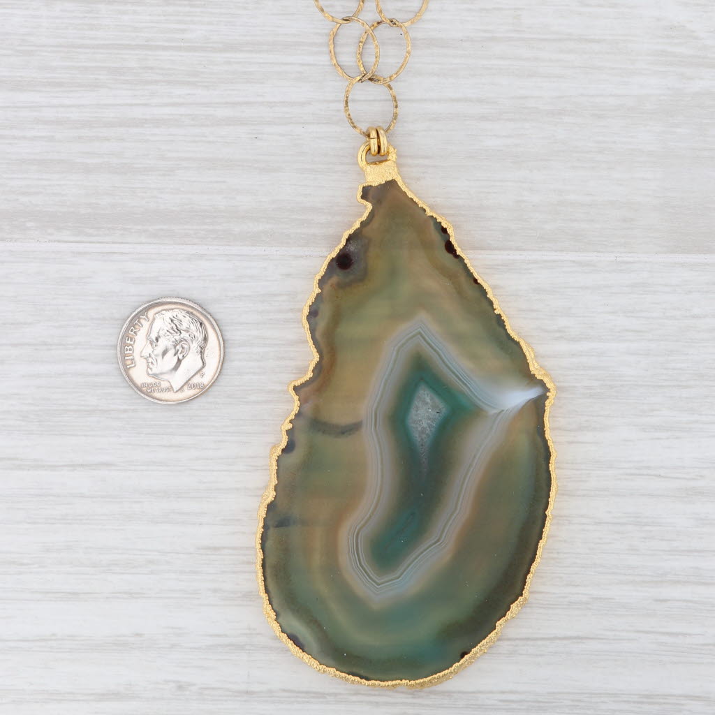 New Nina Wynn Agate Slice Statement Pendant Necklace Sterling Gold Vermeil 27"