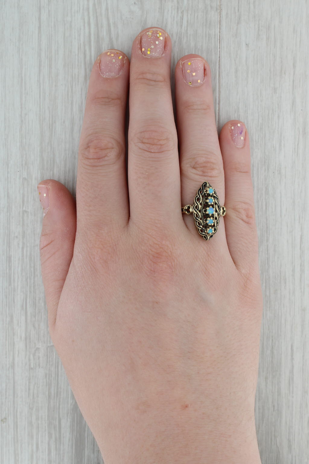 Dark Gray Vintage Blue Opal Ring 13k Yellow Gold Size 9 Marquise Shape Round Cabochons