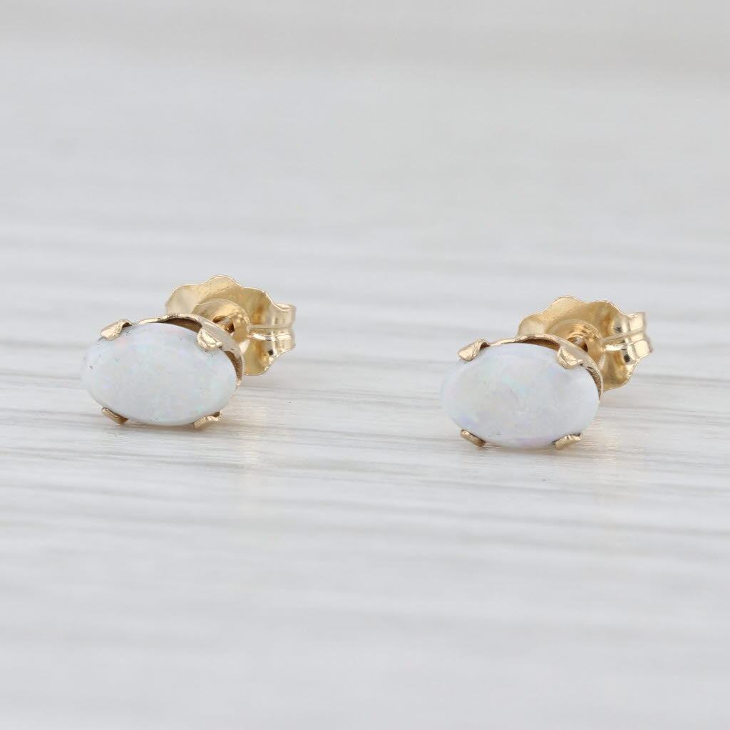 Oval Cabochon Opal Stud Earrings 14k Yellow Gold Solitaire Studs