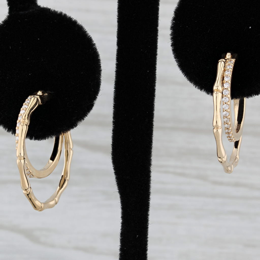 Black New 0.12ctw Diamond Bamboo Hoop Earrings 14k Yellow Gold Snap Top Round Hoops