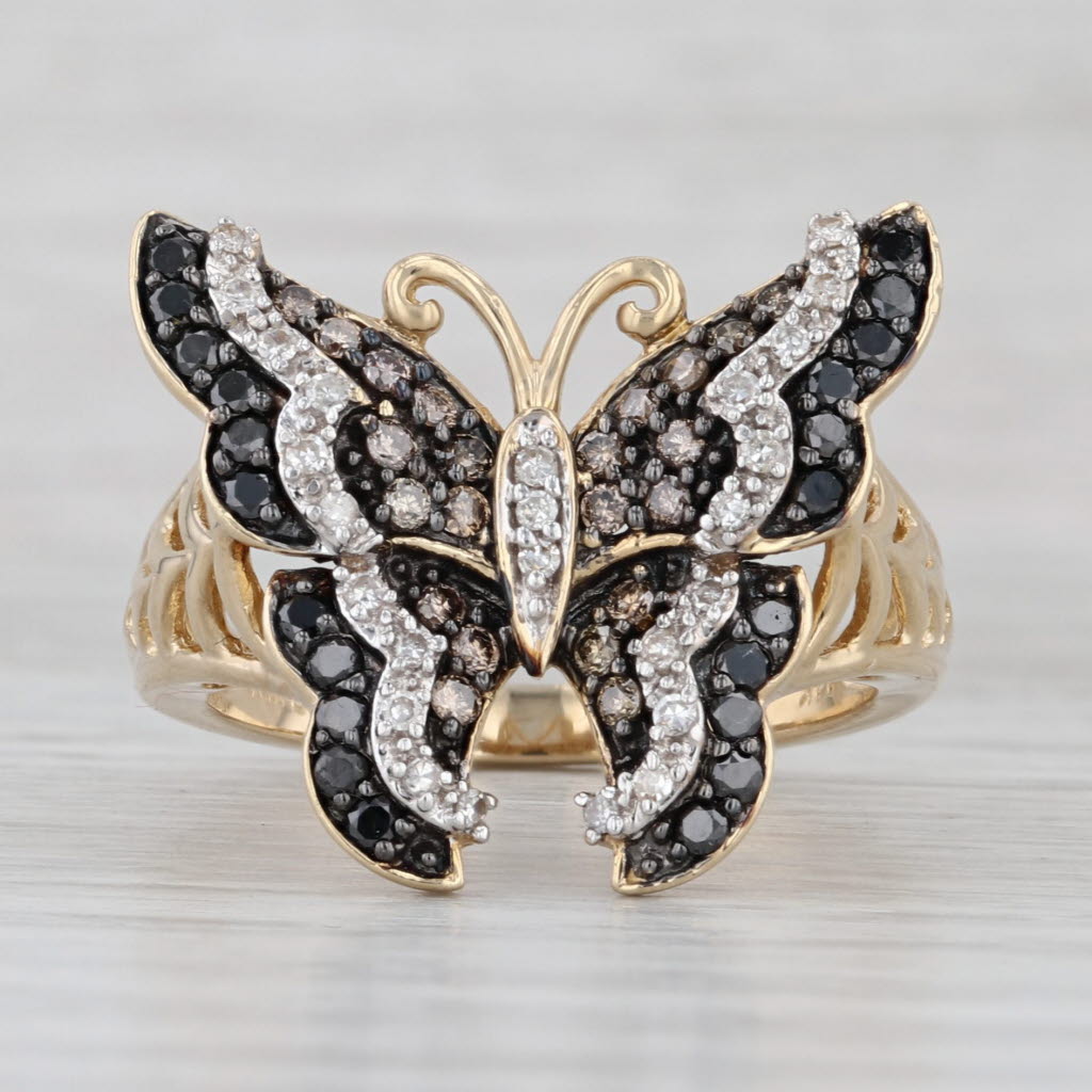 0.35ctw Diamond Butterfly Ring 14k Yellow Gold Size 7 Black White Brown Cocktail
