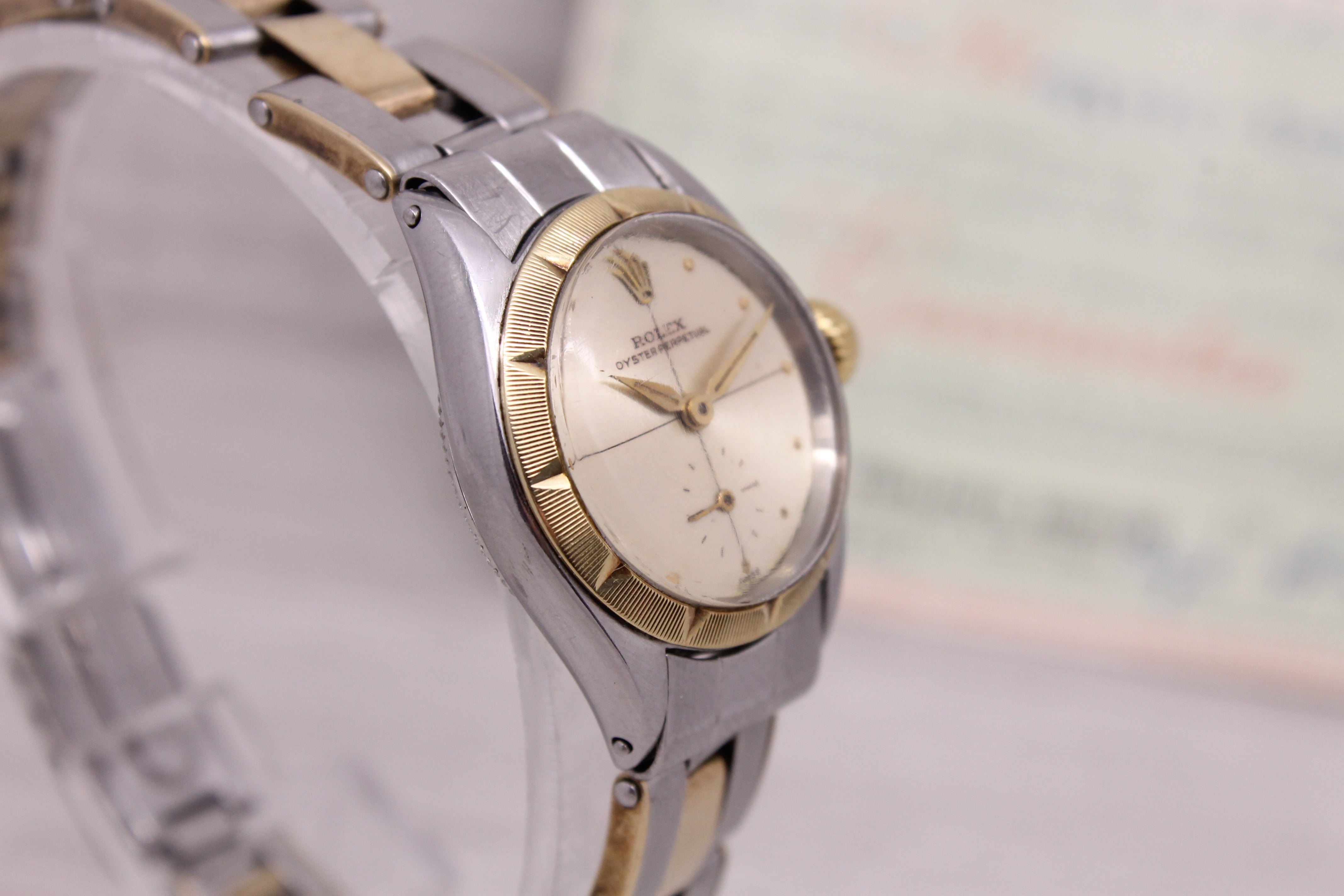 Gray Vintage 1956 Rolex Zephyr Oyster Perp 6503 Ladies Automatic 2 Tone Watch Papers