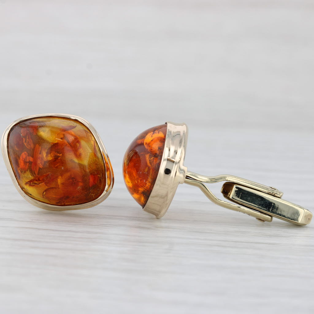 Light Gray Vintage Men's Amber Cufflinks 333 8k Yellow Gold Folding Backs