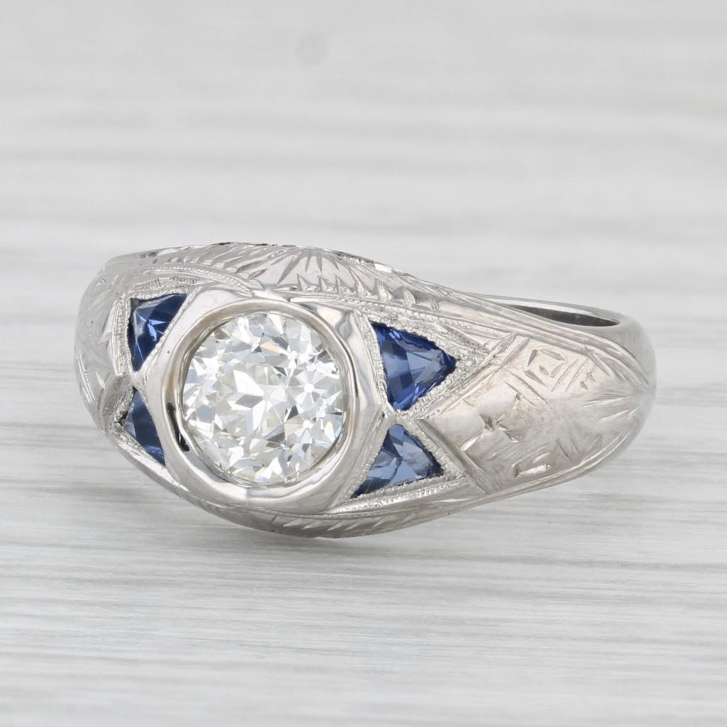 Light Gray Art Deco 1.29ctw Old European Diamond Lab Created Sapphire Ring 18k White Gold