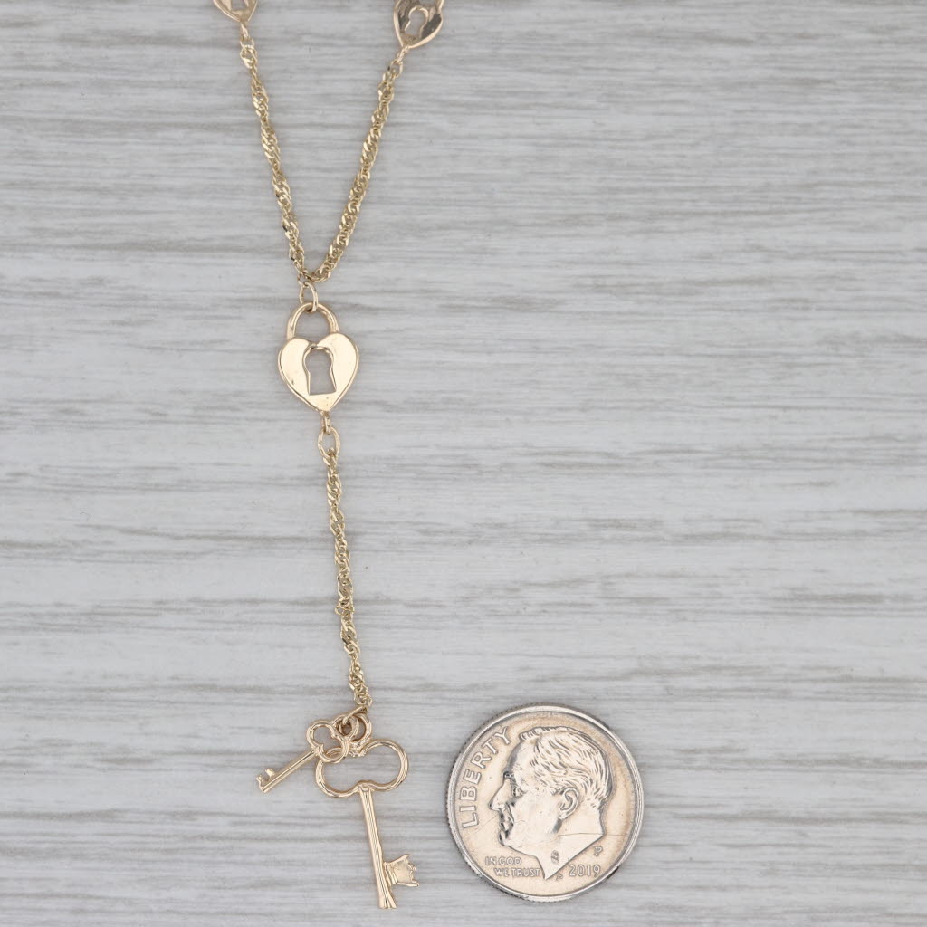 Gray Lock & Key Lavalier Necklace 14k Yellow Gold 17" Singapore Chain