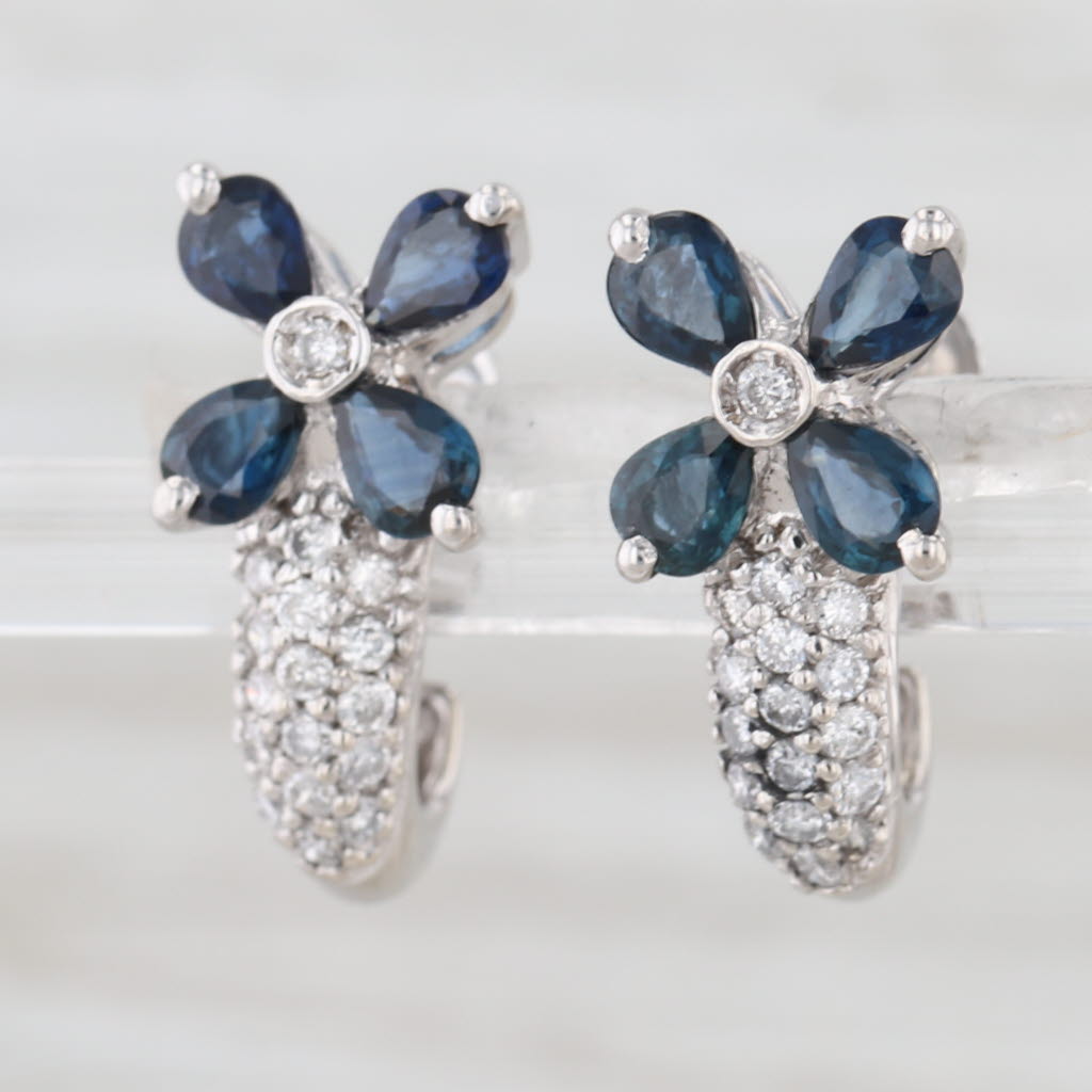1.80ctw Blue Sapphire Flower Diamond J-Hook Earrings 14k White Gold Drops