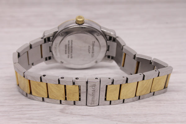 Gray Tiffany & Co Atlas Ladies 29mm Steel & 18k Gold Quartz Wrist Watch w Date
