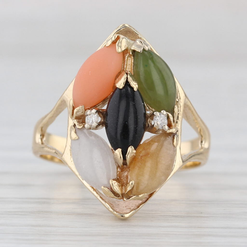 Coral Jade Cabochons Cluster Ring 14k Yellow Gold Size 6 Diamond Accents