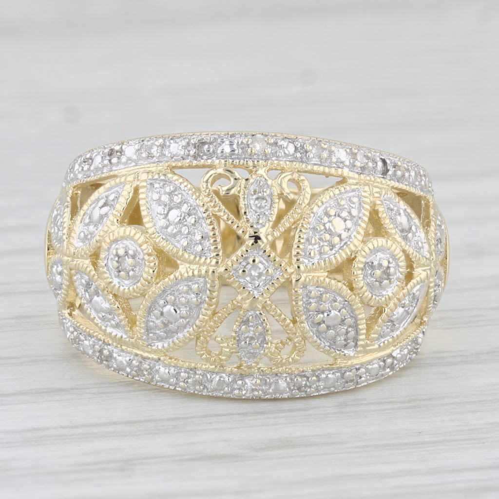 Light Gray Diamond Flower Ring 14k Yellow Gold Size 9 Floral Cocktail