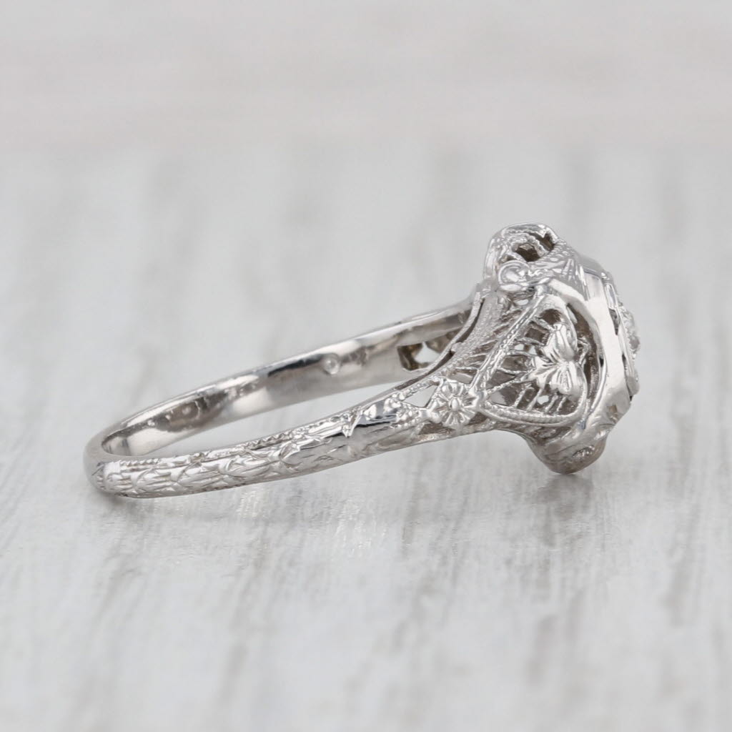 Art Deco Diamond Solitaire Ring 18k White Gold Filigree Size 7 Old European Cut