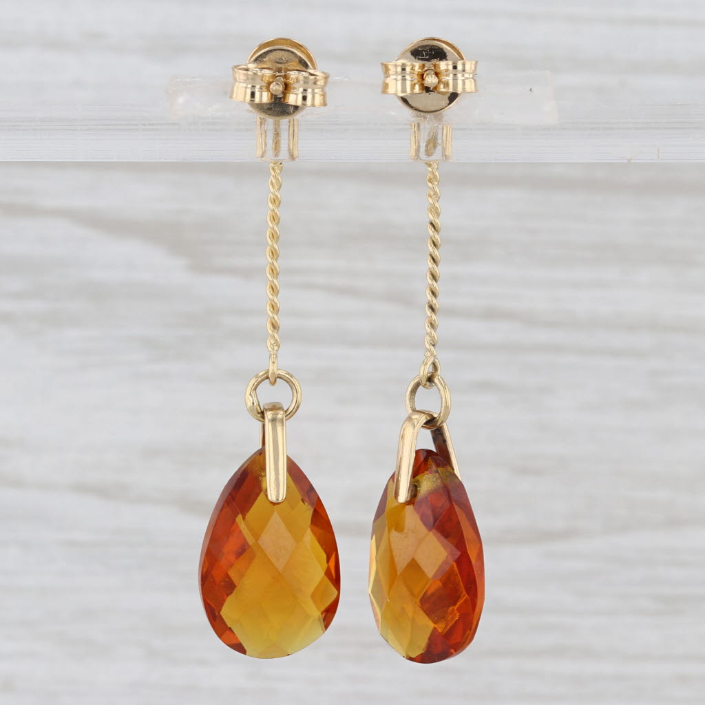 Vintage Orange Glass Teardrop Earrings 18k Yellow Gold Pierced Dangles
