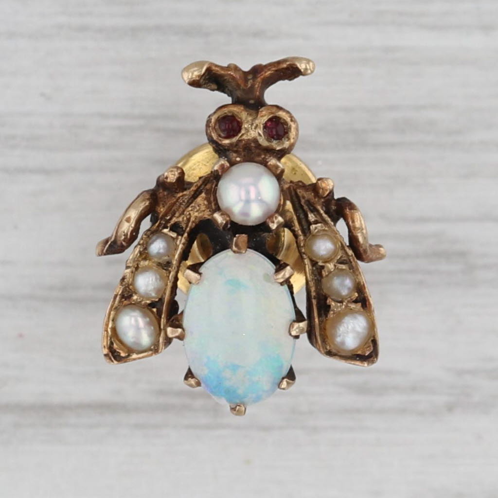 Gray Antique Opal Pearl Glass Bug Pin 14k Yellow Gold Lapel Tie Tac