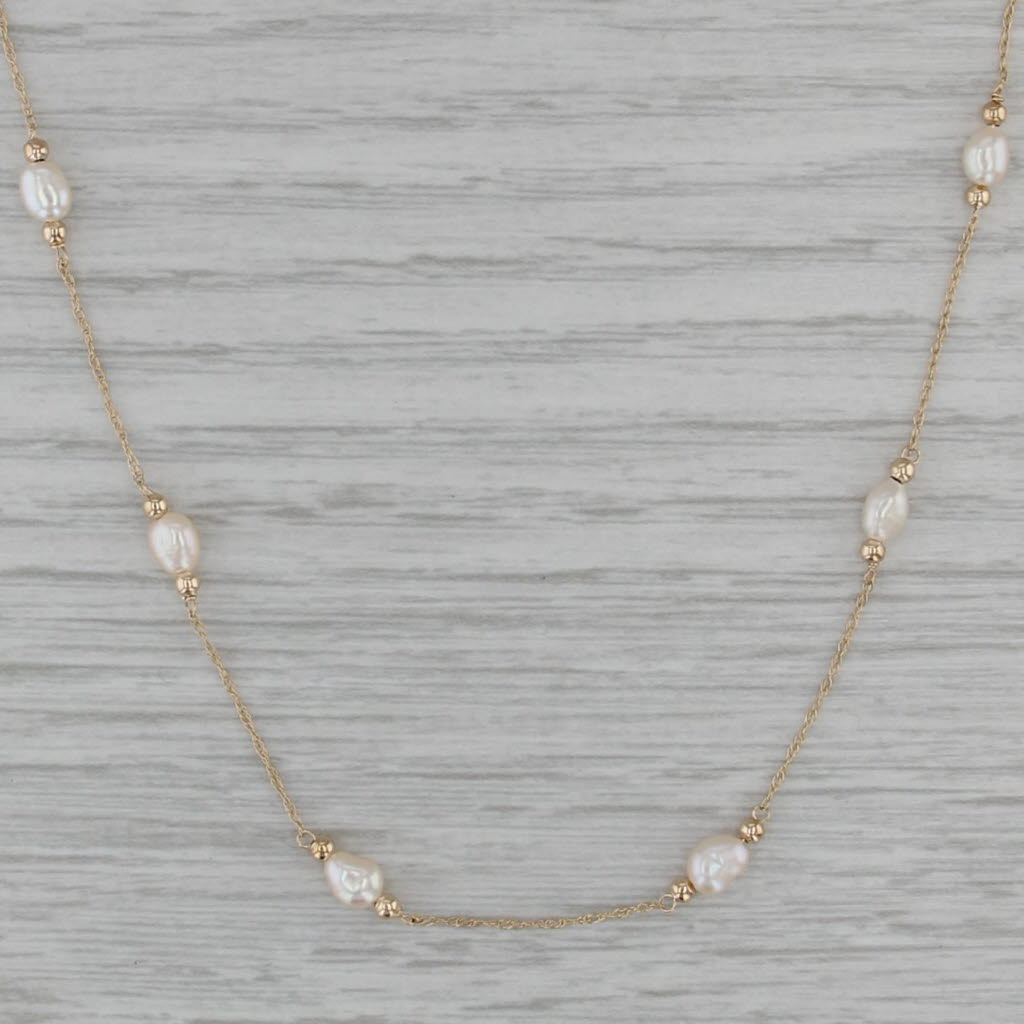 Cultured Pearl Station Necklace 14k Yellow Gold 16.5" Rope Chain