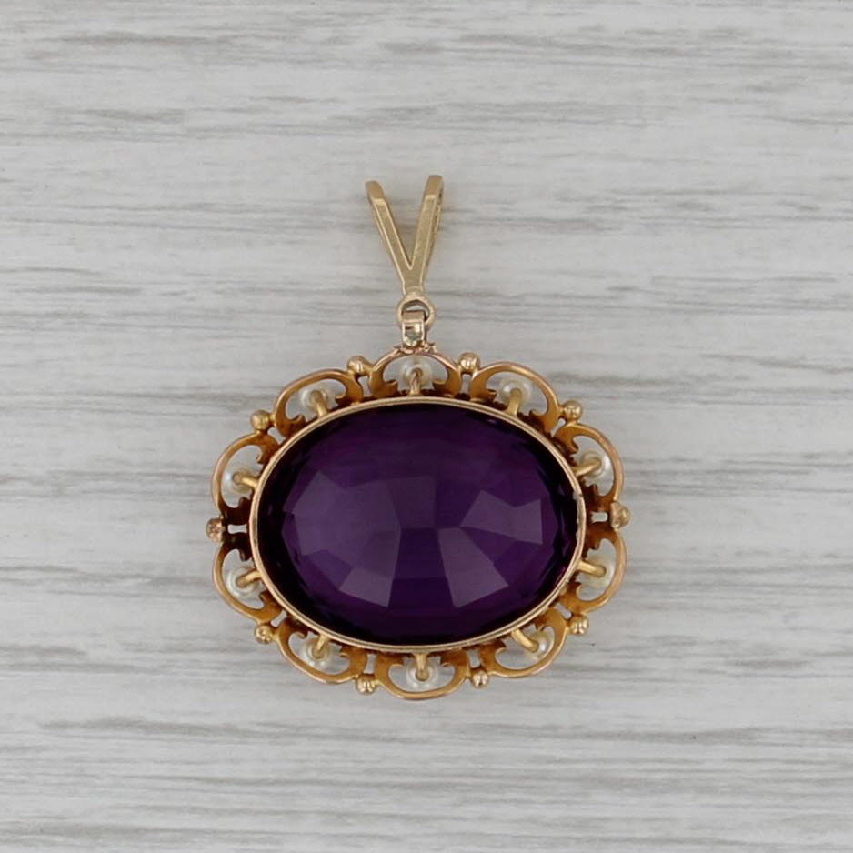 Antique 21.20ct Amethyst Seed Pearl Halo Pendant 18k Yellow Gold Statement