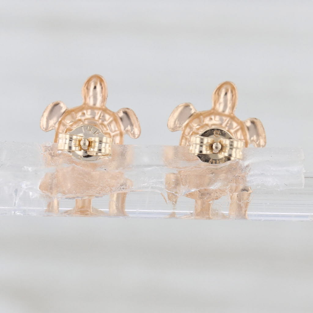 Small Turtle Stud Earrings 14k Yellow Gold Green Enamel Studs