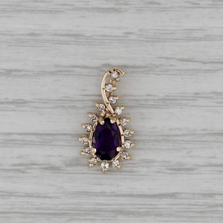 0.89ctw Amethyst Diamond Halo Teardrop Pendant 14k Yellow Gold Small Drop