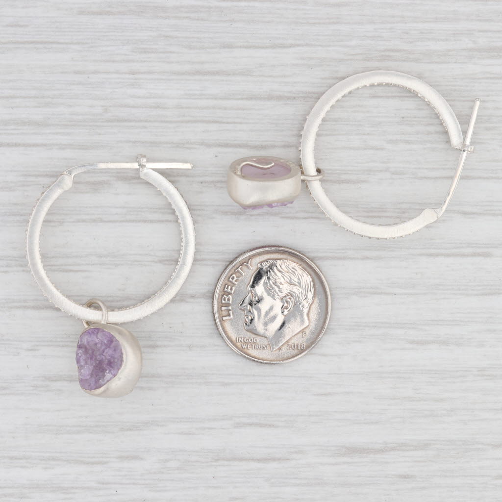New Nina Wynn Hoops with Charms Earrings Druzy Amethyst Sterling Silver