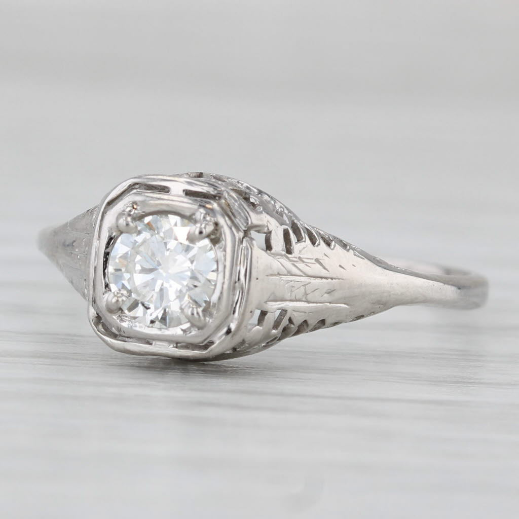 Light Gray Art Deco 0.46ct Diamond Engagement Ring 14k White Gold Filigree Size 10 GIA