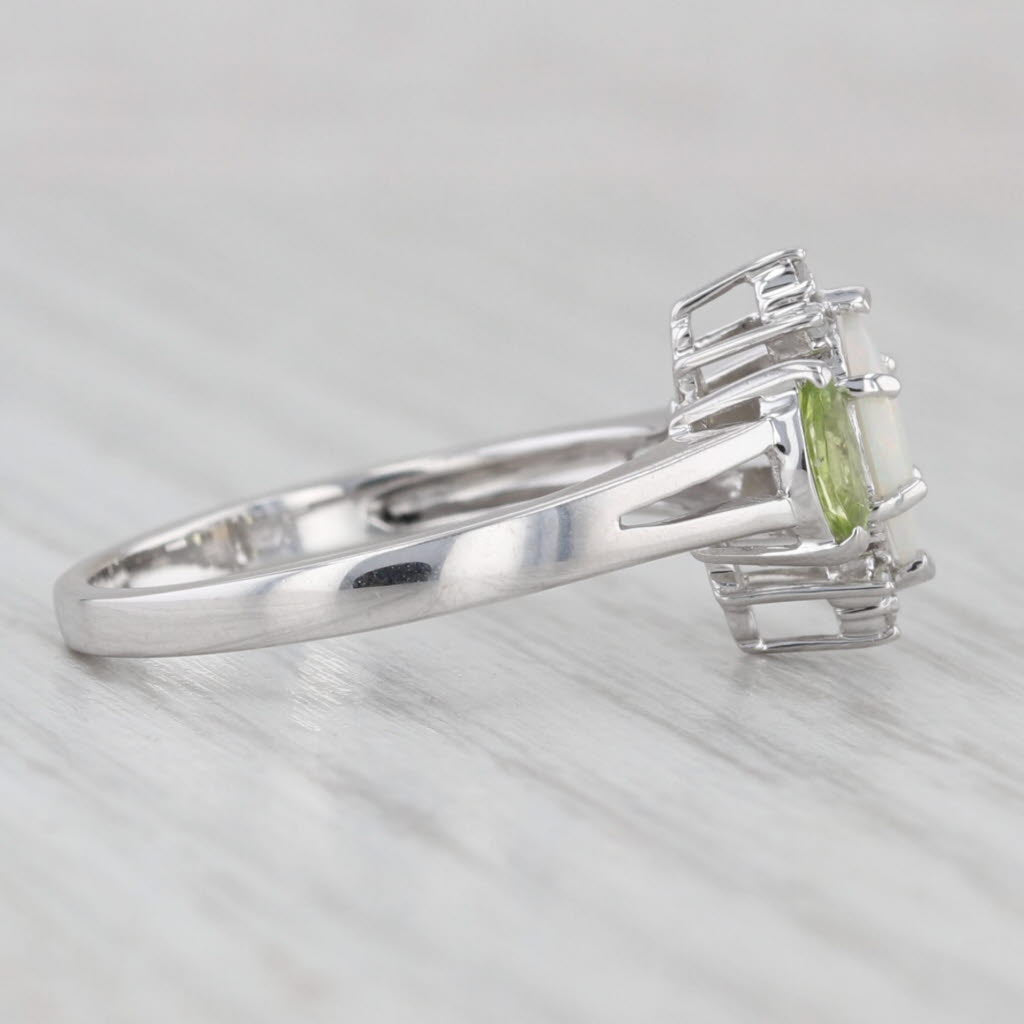 Light Gray Opal Peridot Diamond Ring 14k White Gold Size 7 Marquise Cabochon