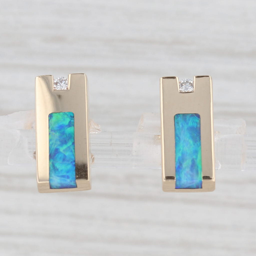 Light Gray Blue Green Opal Inlay Diamond Stud Earrings 14k Yellow Gold