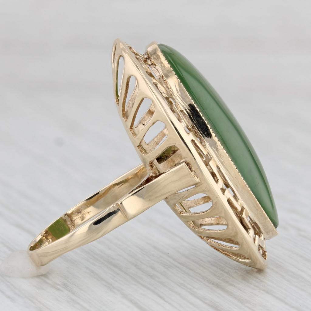 Gray Green Nephrite Jade Greek Key Halo Ring 14k Yellow Gold Size 6 Oval Cabochon