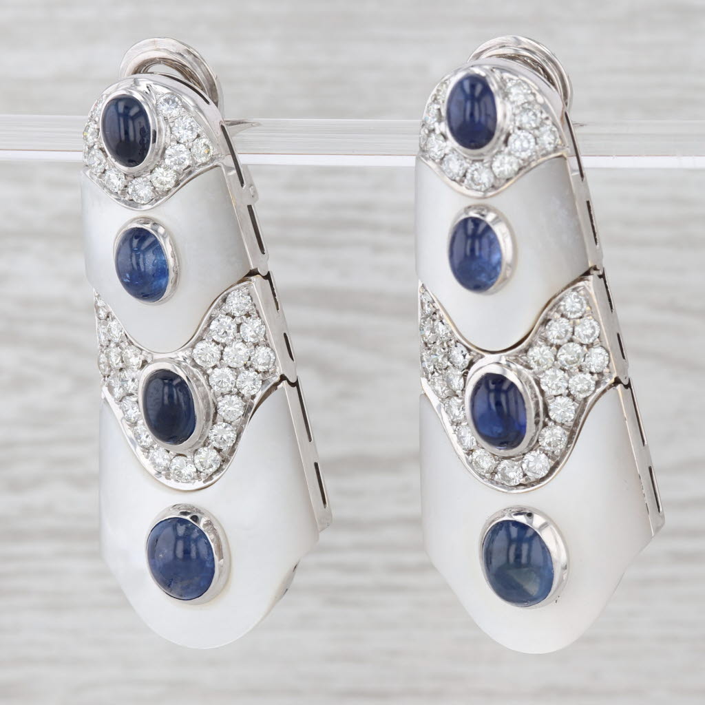 Sapphire Mother of Pearl Diamond Earrings 18k Gold Statement Drop Clip On