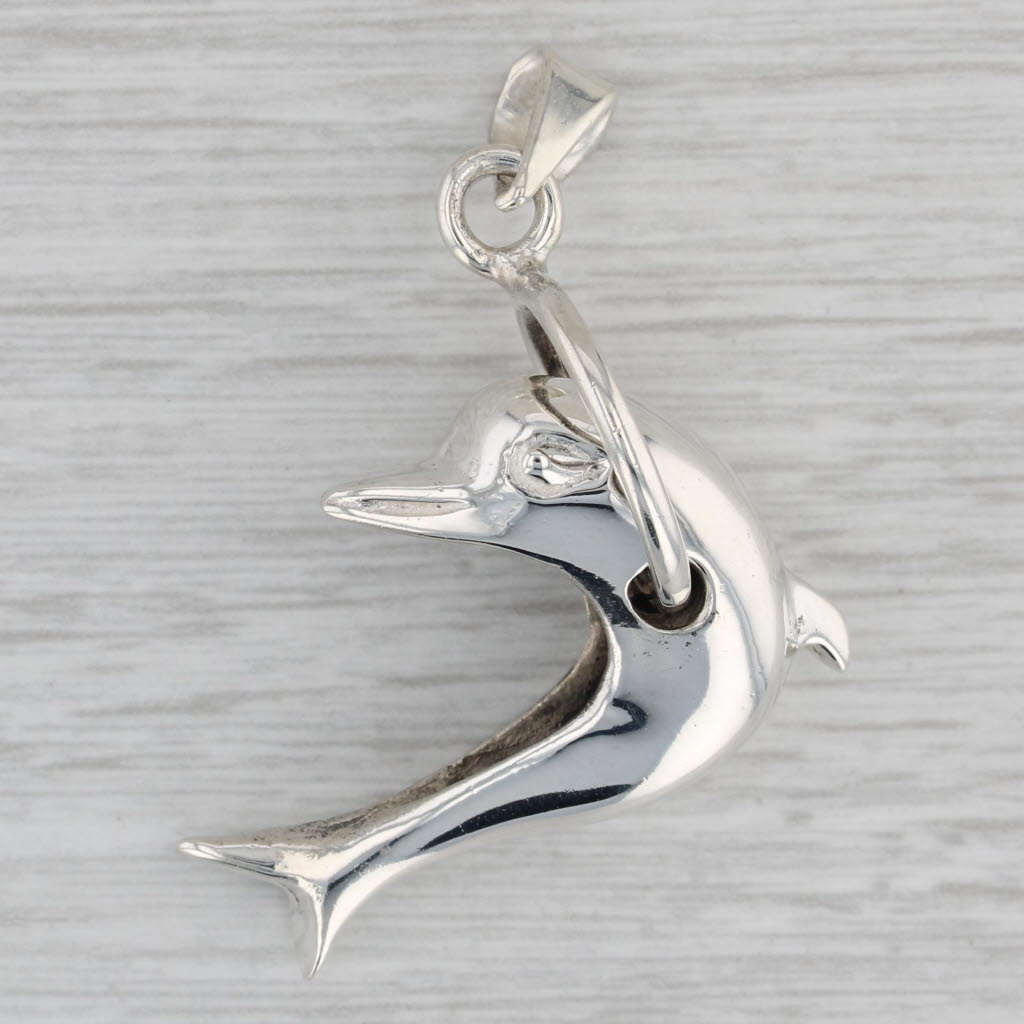 Gray Dolphin Through Hoop Statement Pendant Sterling Silver 3D Figural