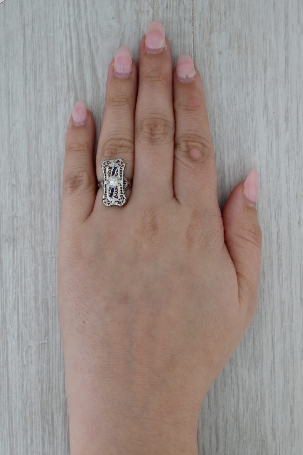 Art Deco Diamond Lab Created Sapphire Filigree Ring 18k White Gold Size 5.75