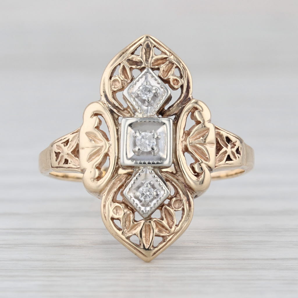 Vintage Floral Diamond Ring 14k Yellow Gold Size 9