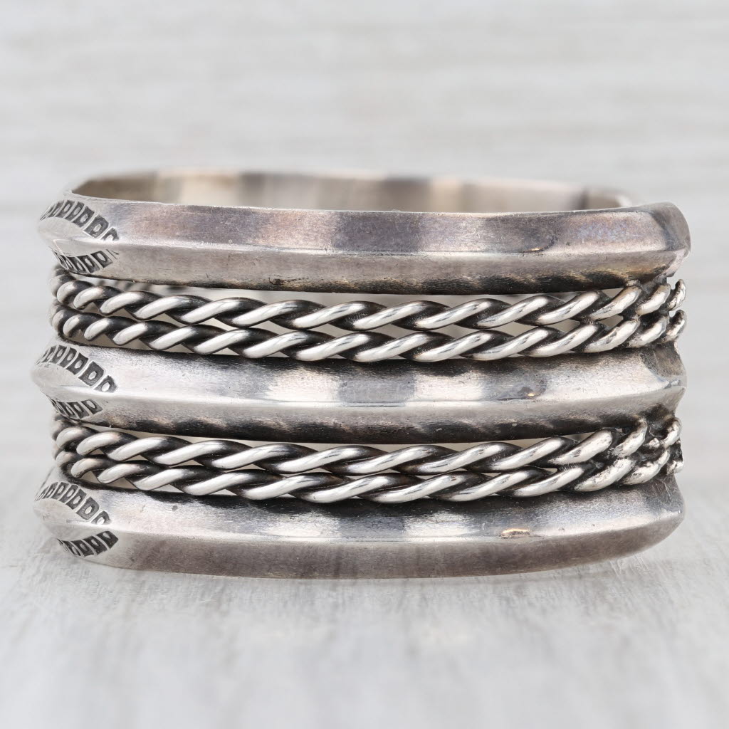 Vintage Native American Stamped Wide Band Cuff Bracelet Sterling Silver 6.75"