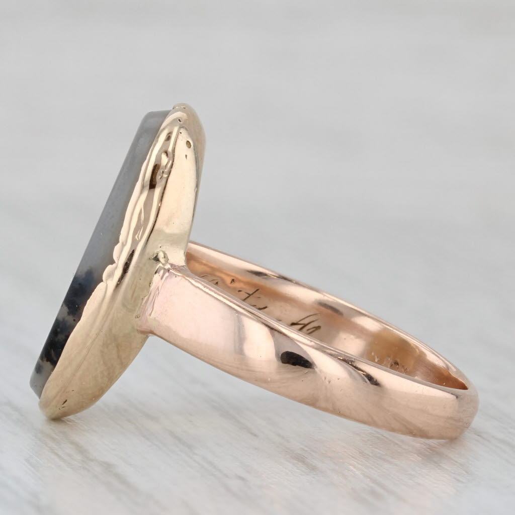 Gray Vintage Dendritic Oval Agate Ring 10k Yellow Gold Size 6.5
