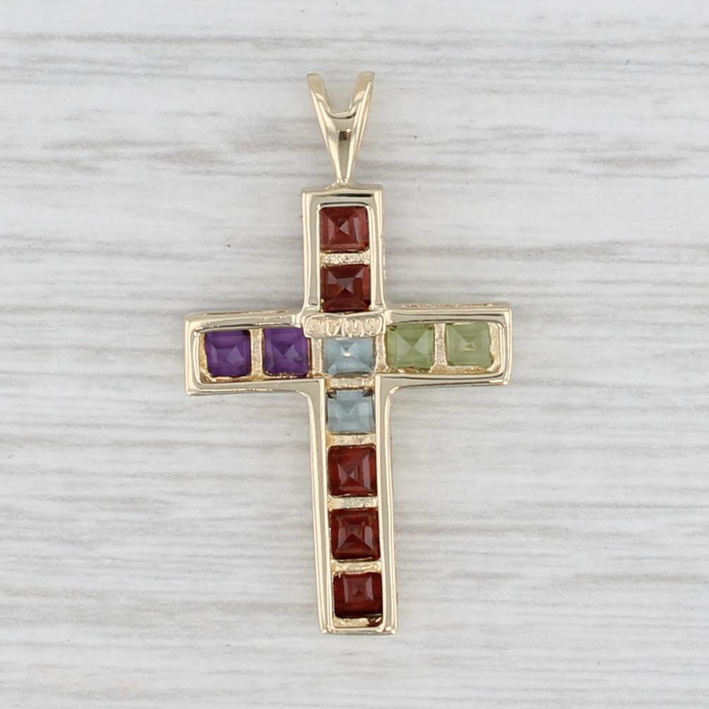 Light Gray 2.29ctw Gemstone Cross Pendant 10k Gold Amethyst Garnet Peridot Aquamarine