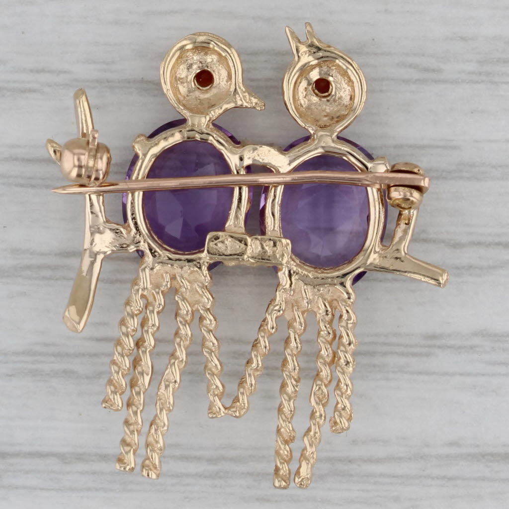 Dark Gray 5.04ctw Amethyst Garnet Birds Perched on a Branch Brooch 14k Yellow Gold Pin