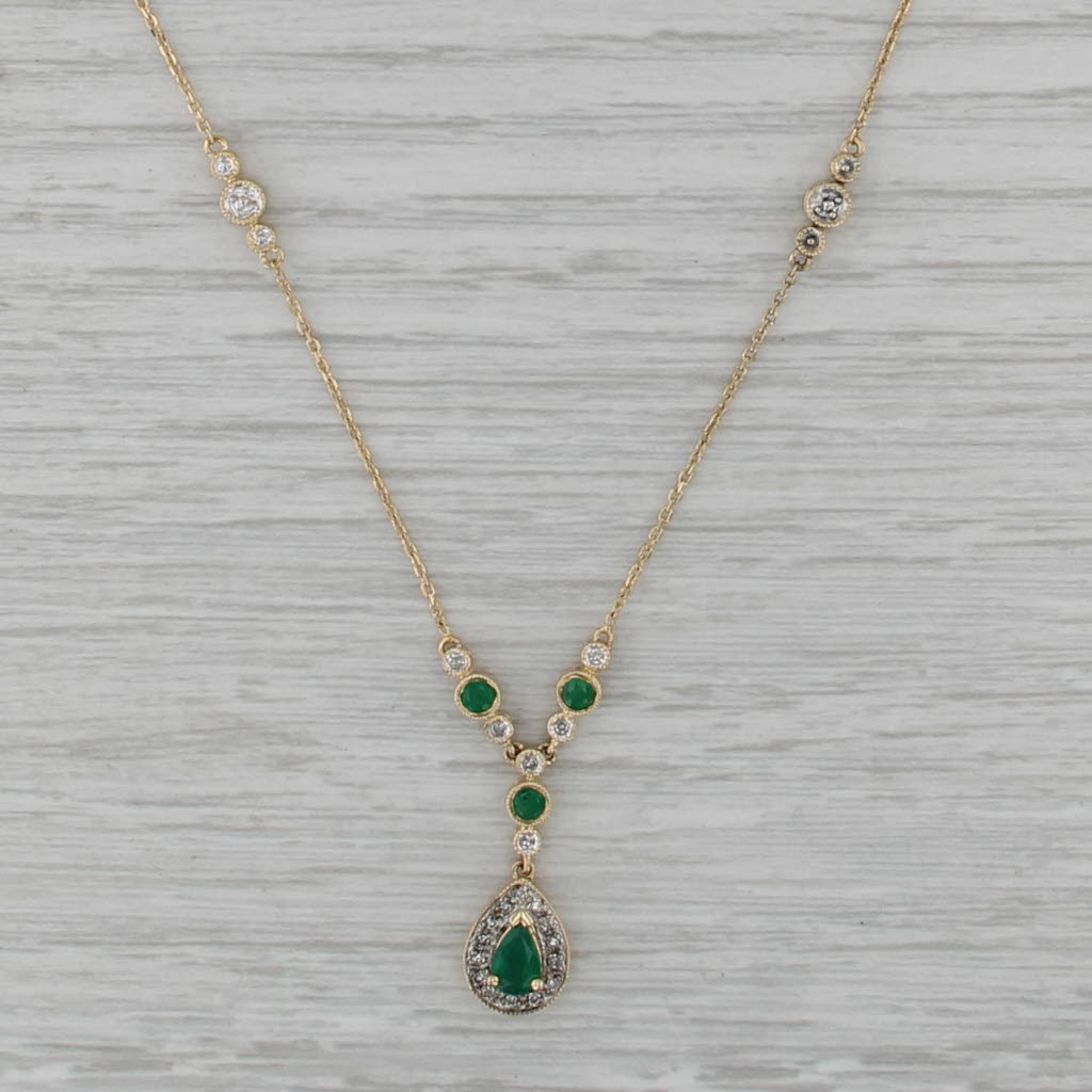 0.90ctw Emerald Diamond Lariat Necklace 14k Yellow Gold 16.5" Cable Chain