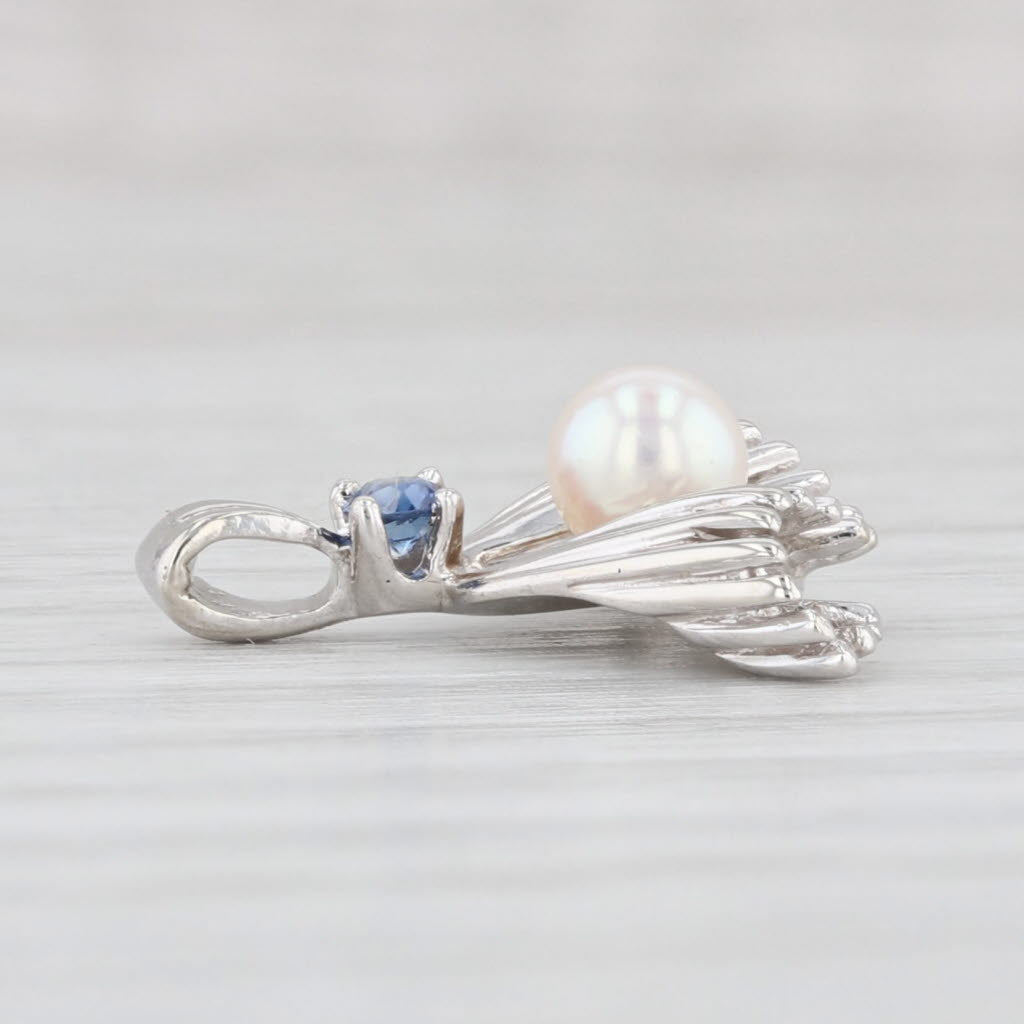 Light Gray Cultured Pearl Blue Sapphire Fan Pendant 14k White Gold Drop