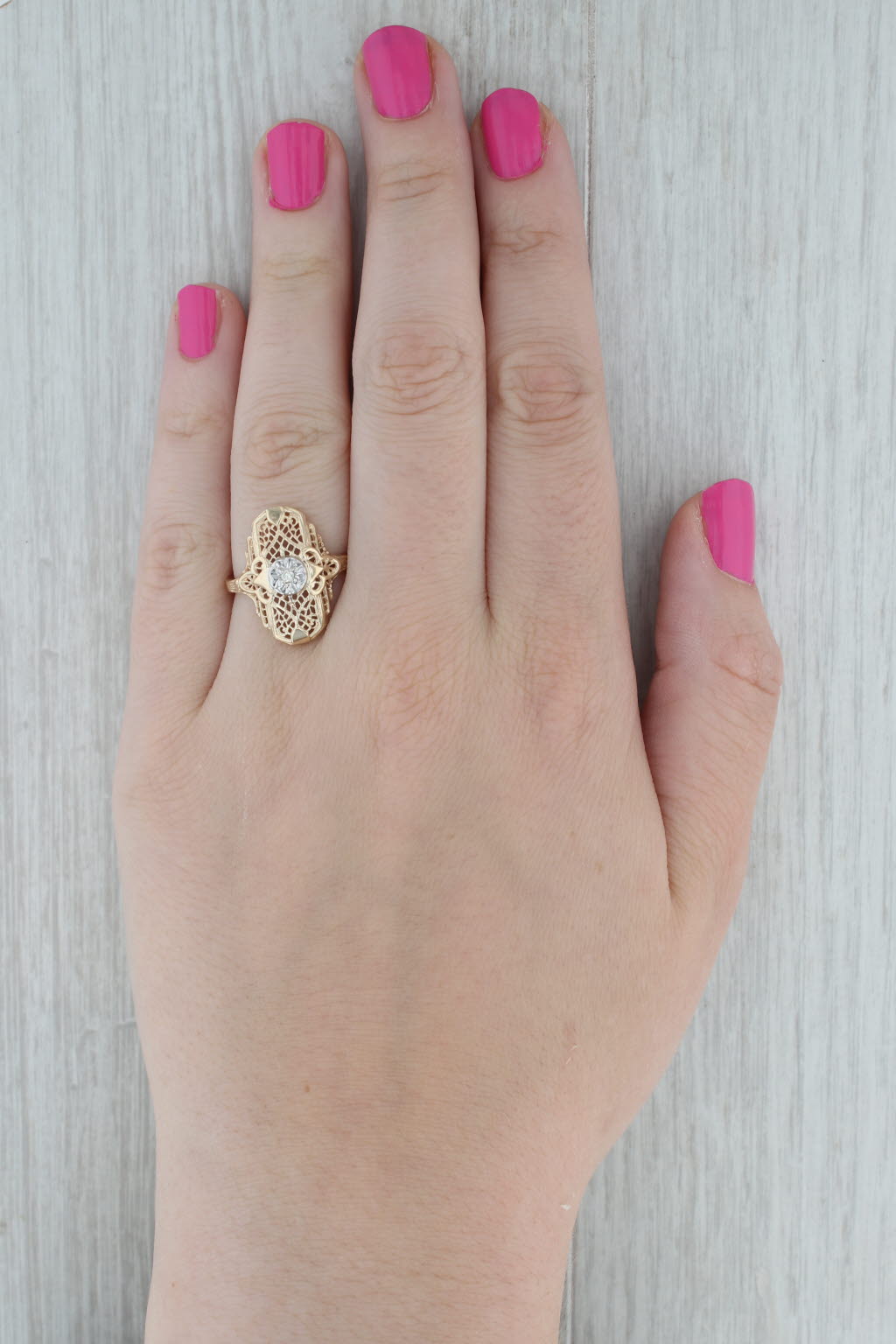 Dark Gray Diamond Accented Filigree Ring 10k Yellow Gold Vintage Art Deco